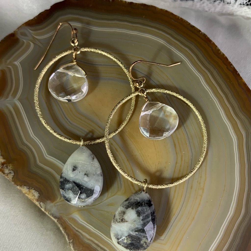 Clear Quartz And Moss Agate Gold Tone Hoop Earrings 2